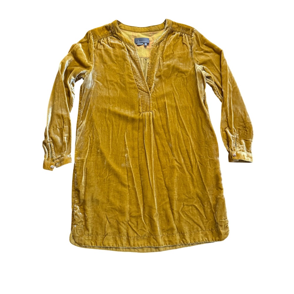 Anthropologie Melody Mustard‎ Yellow Velvet Tunic Shift Dress Long Sleeve Small